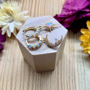 opal moon and star earrings, gold earrings, celestial, small hoops, gold huggies, opal earrings, opal jewelry, opal huggie, opal birthstone image 4