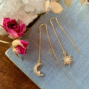 moon and star threader earrings, opal threaders, gold earrings, gift for her, delicate chain earrings, threader earrings, mothers day image 2