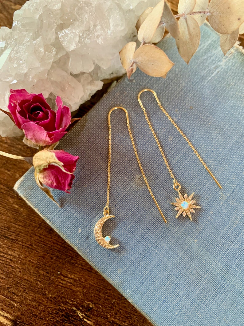 moon and star threader earrings, opal threaders, gold earrings, gift for her, delicate chain earrings, threader earrings, mothers day image 2