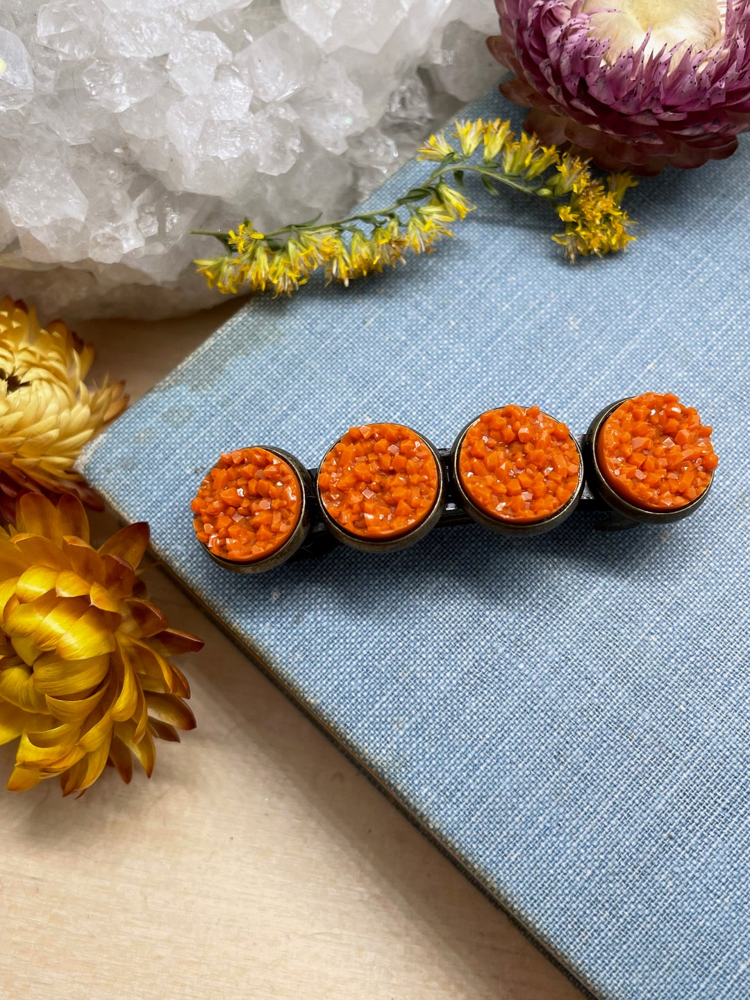 Orange Barrette Bronze Barrette Orange Druzy Halloween - Etsy