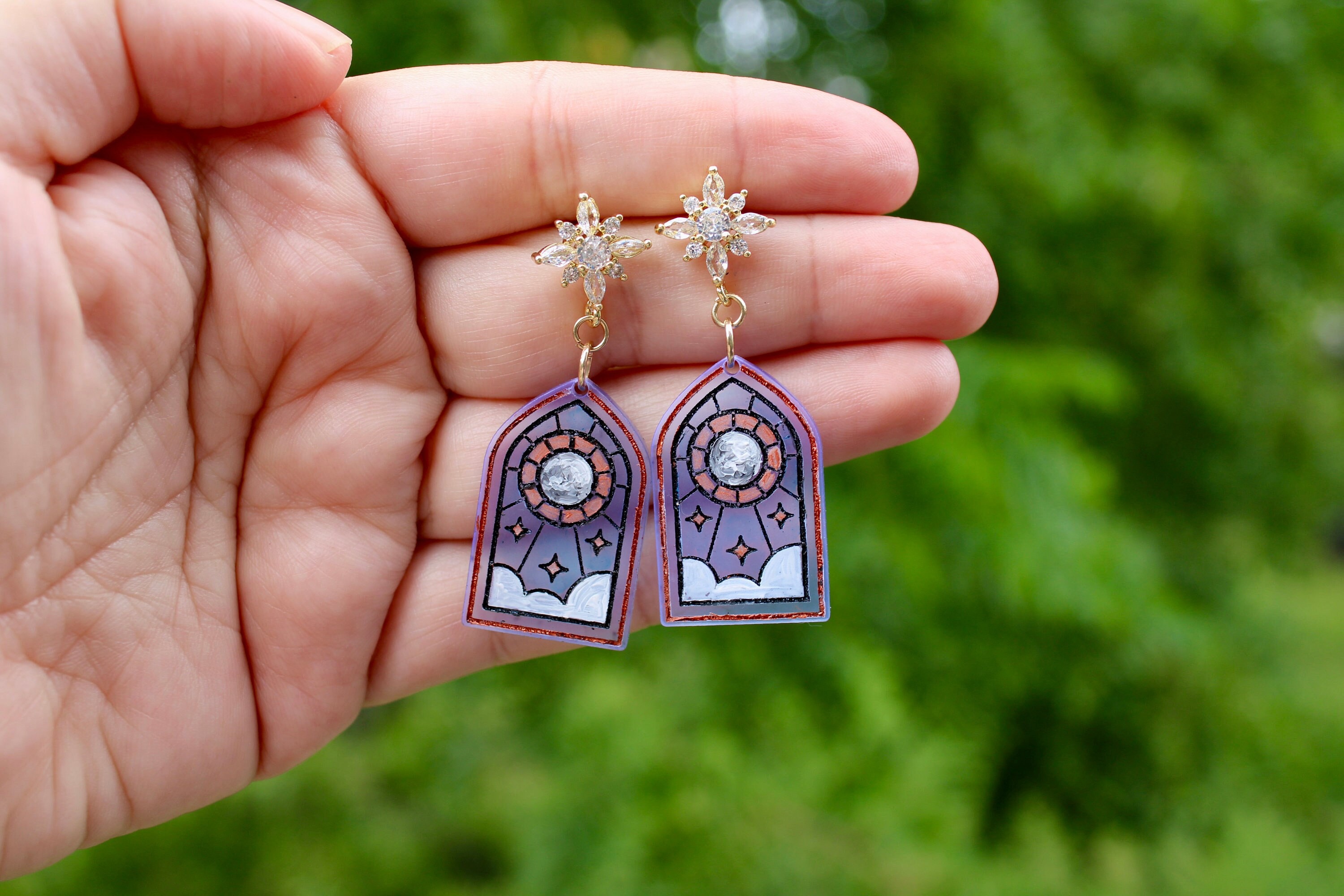 Stained Glass Earring, Acrylic Earrings, Handpainted Jewelry, Moon