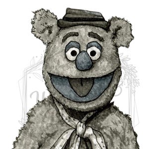 May include: A gray teddy bear wearing a black hat and a white scarf with black polka dots. The bear has a blue mouth and large black eyes.