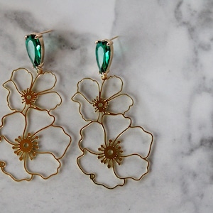 gold flower statement earrings, flower earrings, gold jewelry, gold earrings, gift, gift for her, earrings under 20, jewelry, big earrings