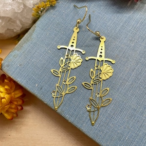sword earrings, gold sword, sword, weaponry, gift, gift for her, earrings, jewelry, gold earrings, gold jewelry, holiday, stocking stuffer
