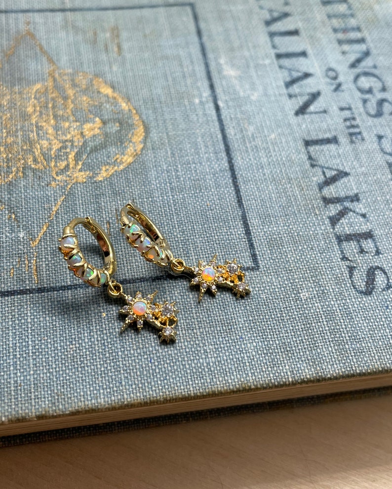 opal huggie earrings // gold huggie earrings // bridesmaid earring // gift for her // sterling silver // opal hoops // tangled // sun burst image 2