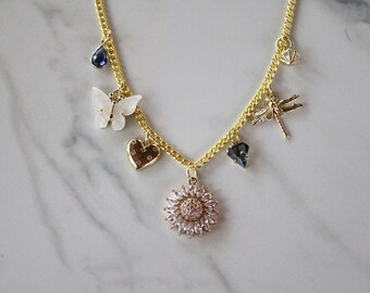 gold charm necklace, sunflower necklace, dragonfly necklace, gift for her, charm necklace, charm jewelry, gold necklace, necklace for her