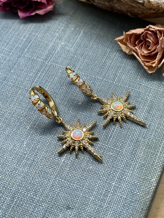 Opal Star Burst Huggie Earrings, Gold Earrings, Bridesmaid Earring - Main Image
