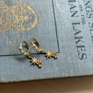 opal huggie earrings // gold huggie earrings // bridesmaid earring // gift for her // sterling silver // opal hoops // tangled // sun burst image 3