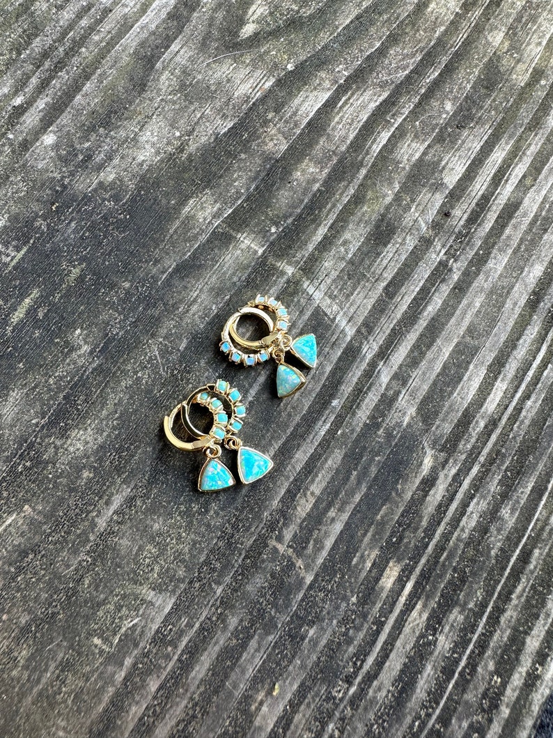 May include: A pair of gold hoop earrings with turquoise triangle charms. The earrings are on a dark wooden surface.