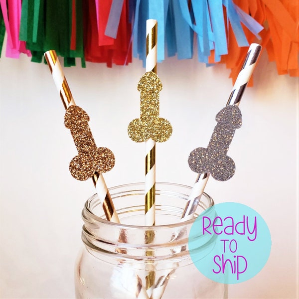 Set of 10 Bachelorette Party Penis Straws, Bachelorette Party Penis Favors, Metallic Penis Straws with optional Penis Confetti