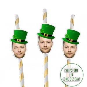 May include: Three green and gold striped paper straws with a green leprechaun hat and face cutout. The text "SHIPS OUT IN ONE BIZ DAY!" is on a white circle.