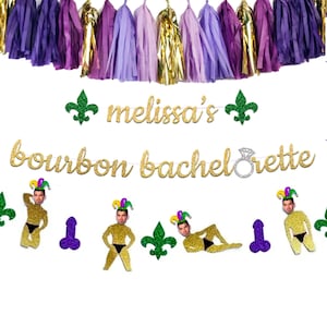 Personalized Bride Name Bourbon Bachelorette Banner with optional Groom Face or Bride Face Dancer Banner, New Orleans Bachelorette Party