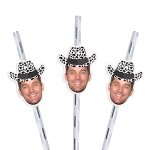 Groom Head Cow Print Cowboy Hat Straws with Matching Confetti Package, Groom Face Bachelorette Party Decorations, Last Ride Disco Cow Girl