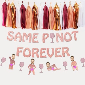 May include: Pink glitter banner with the text "Same Pinot Forever" and pink glitter wine glass cutouts.  There are also cutouts of men wearing pink underwear.