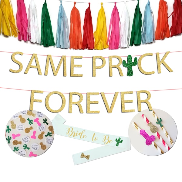 Same Prick Forever Bachelorette Party Cactus Banner Package, Final Fiesta Bachelorette Party Straws and Personalized Final Fiesta Confetti