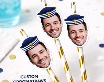Custom Groom Face Sailor Hat Straws | Last Toast on the Coast Nautical Bachelorette Decor