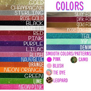 Op de afbeelding: Een tabel met verschillende kleuren en patronen voor knutselprojecten. De kleuren omvatten goud, champagne, sterling, roosgoud, zwart, wit, rood, roze, paars, lila, blush, marineblauw, oranje, neonoranje, groen, limoen en neonroze. De patronen omvatten zilverfolie, rozefolie, goudfolie, roosgoudfolie, teal, mint, denim, camouflage, tie-dye en luipaard.