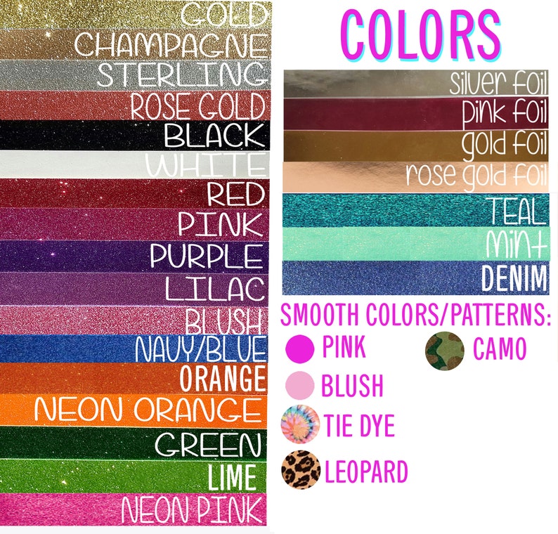 Op de afbeelding: Een tabel met verschillende kleuren en patronen voor knutselprojecten. De kleuren omvatten goud, champagne, sterling, roosgoud, zwart, wit, rood, roze, paars, lila, blush, marineblauw, oranje, neonoranje, groen, limoen en neonroze. De patronen omvatten zilverfolie, rozefolie, goudfolie, roosgoudfolie, teal, mint, denim, camouflage, tie-dye en luipaard.
