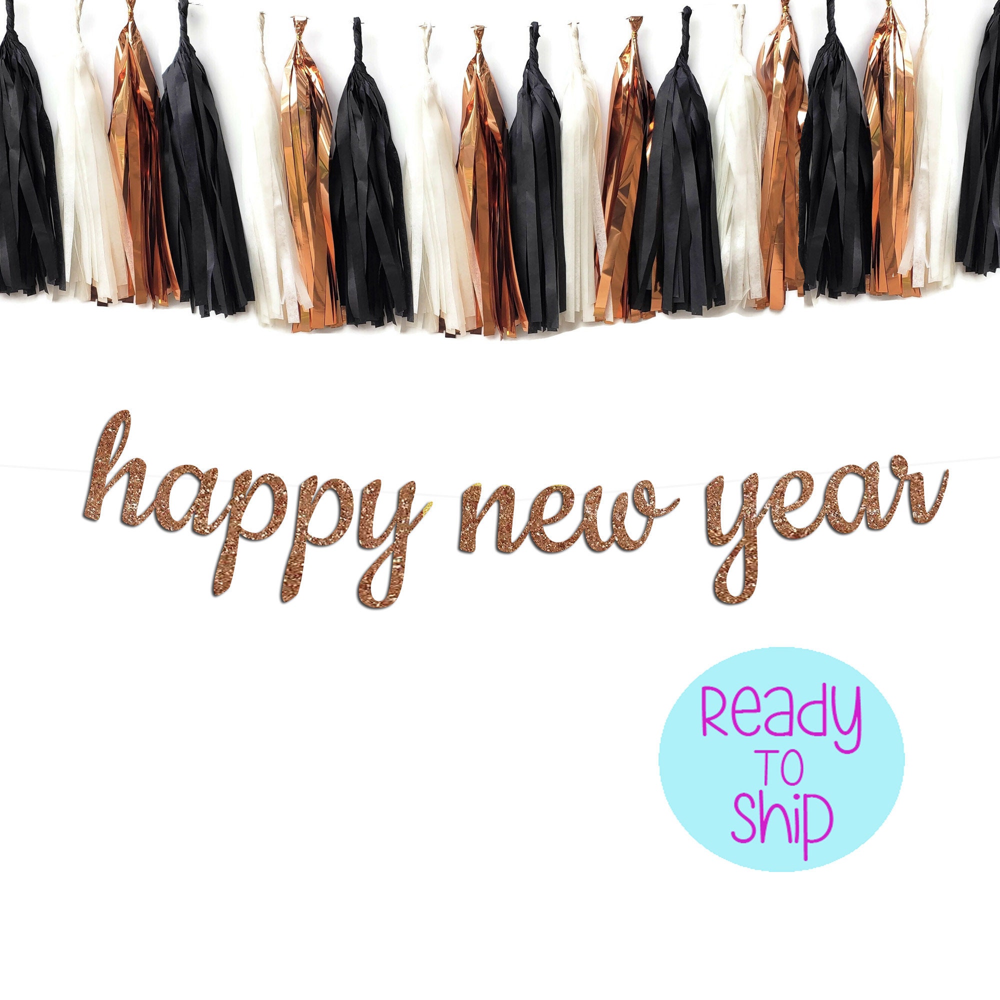 MiniRed Happy New Year Banner – Black Bunting With Gold Glitter Letters – 13 Cards, 137 Inch String – Premium Party Decor For New Year's Eve