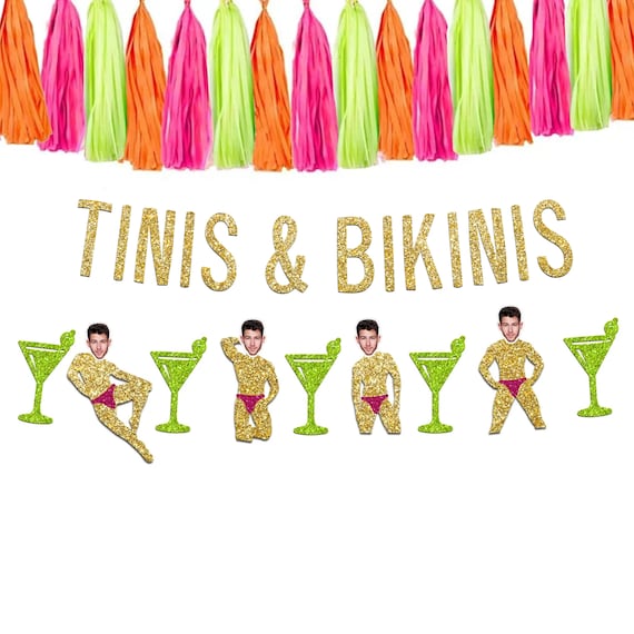 Tinis and Bikinis Bachelorette Party Banner, Custom Face Decorations