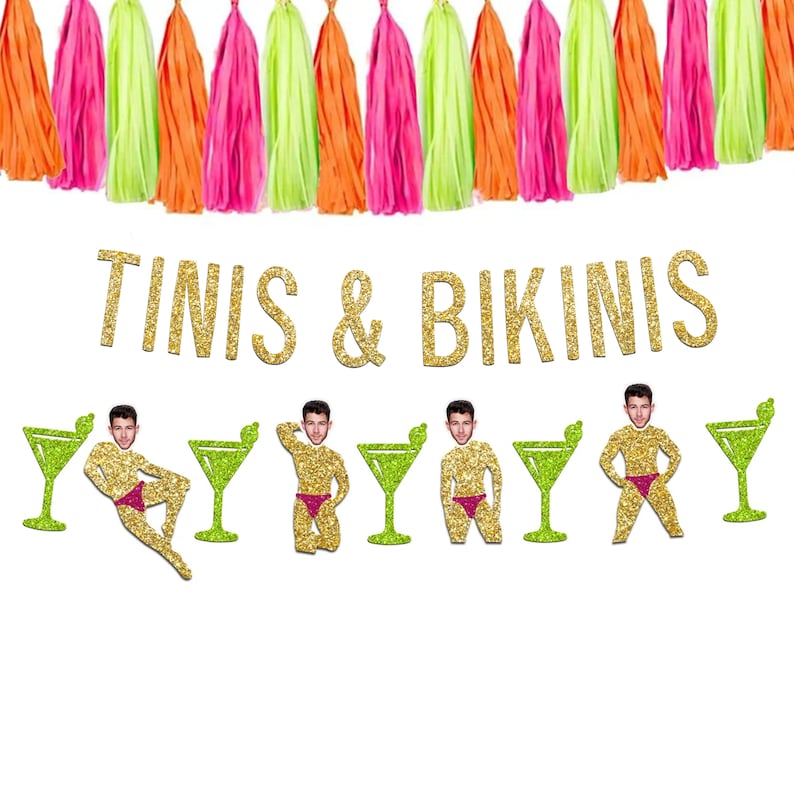 May include: Gold glitter banner with the text "TINIS & BIKINIS" and a repeating pattern of green martini glasses and gold glitter figures wearing pink swimsuits.