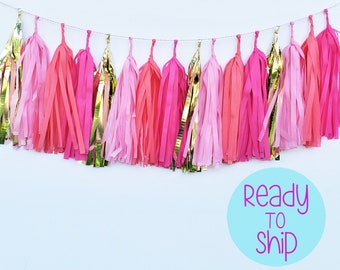 Pink & Gold Paper Tassels, Bachelorette Party Tassel Garland, Pink Blush Coral and Gold Tassel Banner, Party Tassels