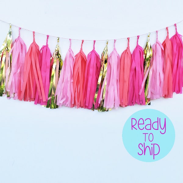 Pink & Gold Paper Tassels, Bachelorette Party Tassel Garland, Pink Blush Coral and Gold Tassel Banner, Party Tassels