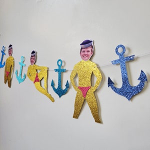 Personalized Groom Face Banner wearing Sailor Hat, Anchor Boat Theme, Nautical Bachelorette Decorations