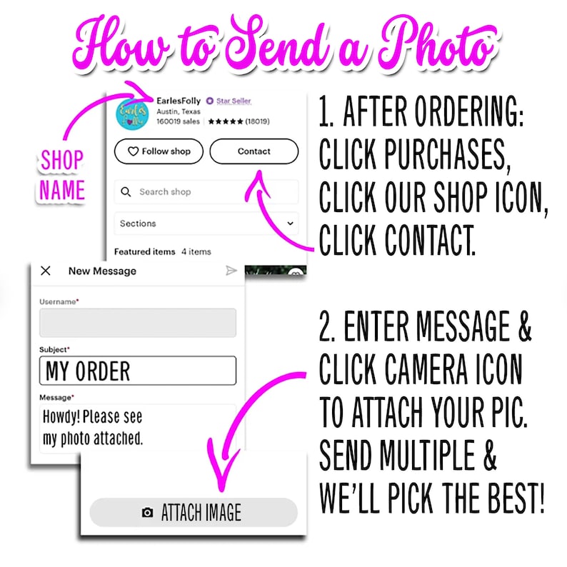 May include: A pink and white illustration showing how to send a photo to an Etsy shop. The illustration shows a message box with the subject "MY ORDER" and a message that says "Howdy! Please see my photo attached."  The illustration also shows a pink arrow pointing to a button that says "ATTACH IMAGE".  The illustration also shows a pink arrow pointing to a list of steps that says "1. AFTER ORDERING: CLICK PURCHASES, CLICK OUR SHOP ICON, CLICK CONTACT."  The illustration also shows a pink arrow pointing to a list of steps that says "2. ENTER MESSAGE & CLICK CAMERA ICON TO ATTACH YOUR PIC. SEND MULTIPLE & WE'LL PICK THE BEST!"