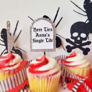 Halloween Bachelorette Party Cupcake Toppers, Here Lies Single Life Personalized Cupcake Toppers, Skull and Crossboners Cupcake Toppers