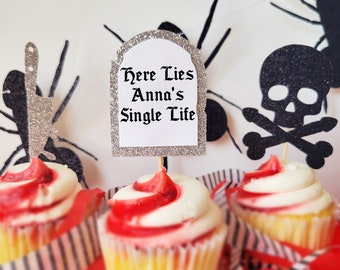 Halloween Bachelorette Party Cupcake Toppers, Here Lies Single Life Personalized Cupcake Toppers, Skull and Crossboners Cupcake Toppers