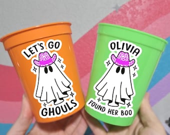 Personalized Halloween Bachelorette Party Cups: Ghost Cowboy Hat Let's Go Ghouls