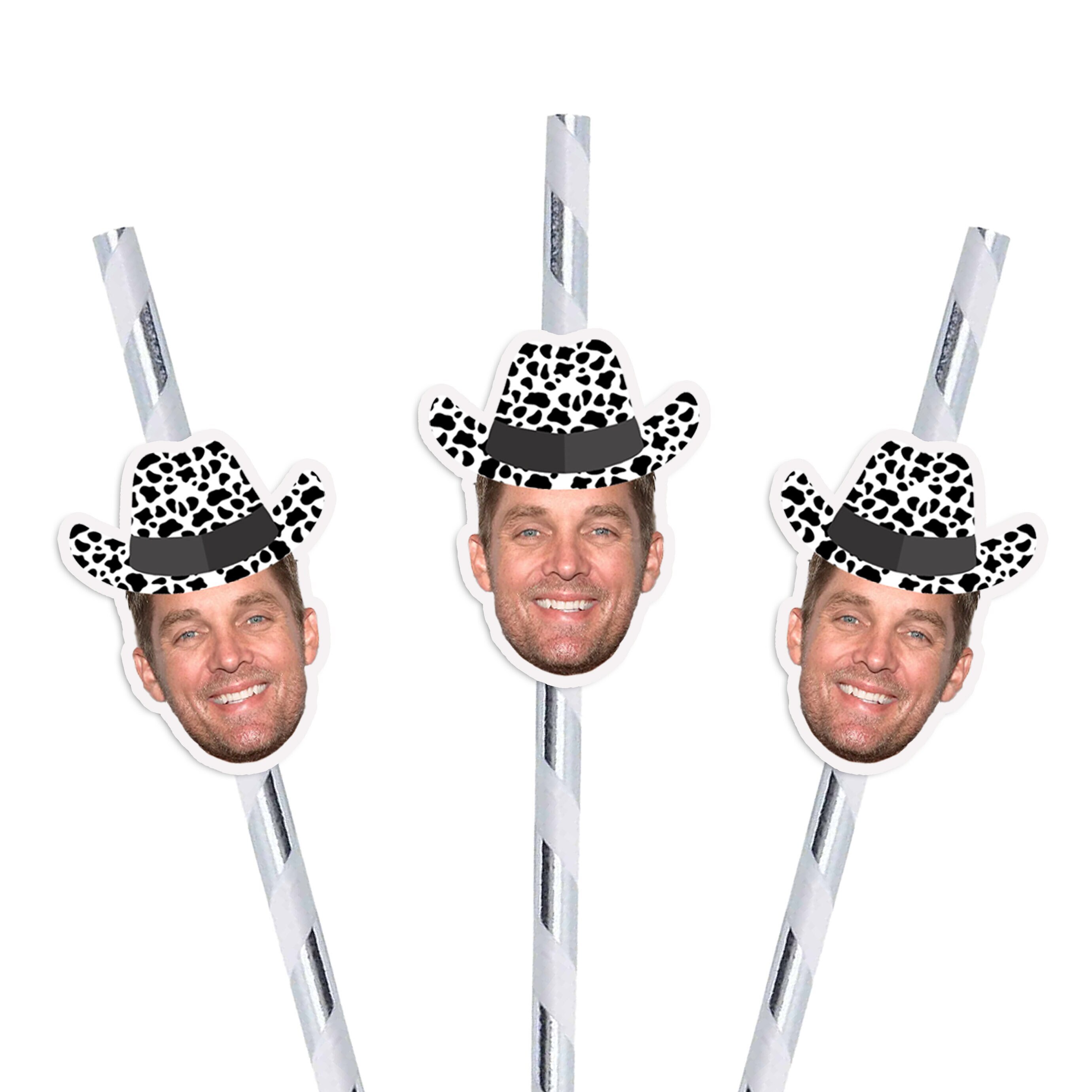 Groom Head Cow Print Cowboy Hat Straws with Matching Confetti Package Groom Face Bachelorette Party Decorations Last Ride
