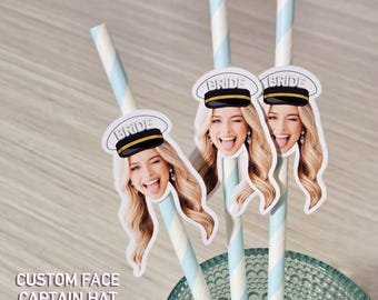 Custom Bride Face Straws with Boat Captain Hat and Veil | Personalized Bachelorette Party Straws | Lake Wife, Boat Party, Coastal Bach Decor