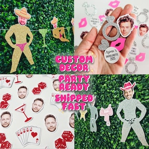 May include: A collage of party decorations, including glittery cutouts of people in swimwear, playing cards, dice, and cocktail glasses. The text "CUSTOM DECOR PARTY READY SHIPPED FAST" is displayed in pink. Some decorations are held in a hand.