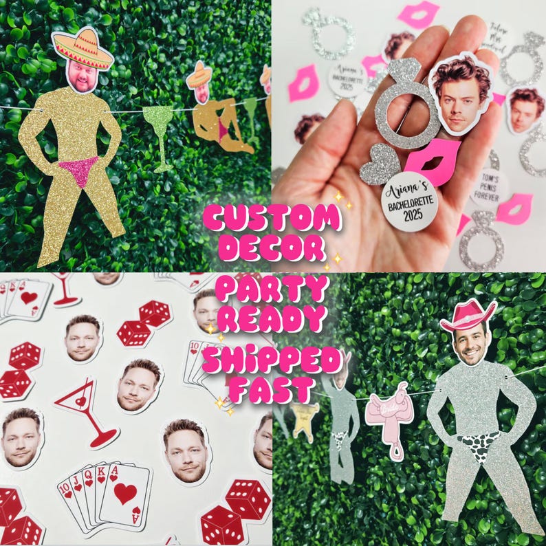 May include: A collage of party decorations, including glittery cutouts of people in swimwear, playing cards, dice, and cocktail glasses. The text "CUSTOM DECOR PARTY READY SHIPPED FAST" is displayed in pink. Some decorations are held in a hand.