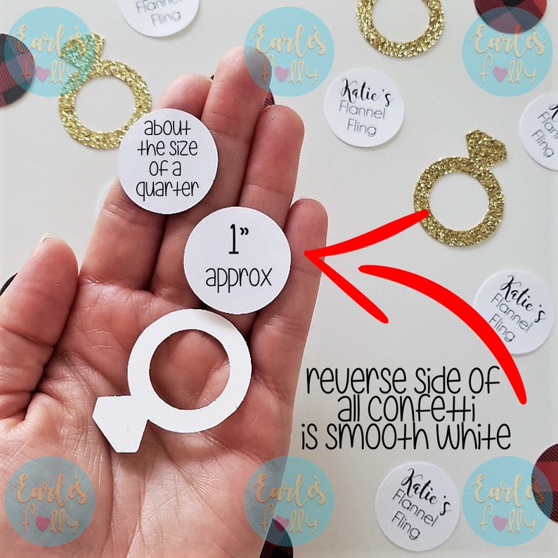 May include: White confetti with a ring design, approximately 2.5 cm in diameter. The confetti is about the size of a 25 pence coin. The reverse side of the confetti is smooth white.