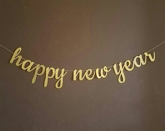 Happy New Year Cursive Gold Glitter Banner  New Year's Eve Party Decor, New Year's Decorations, New Year's Banner, New Years Party Banner