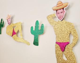 Final Fiesta Bachelorette Banner: Personalized Groom Face Dancers, Sombrero and Cactus