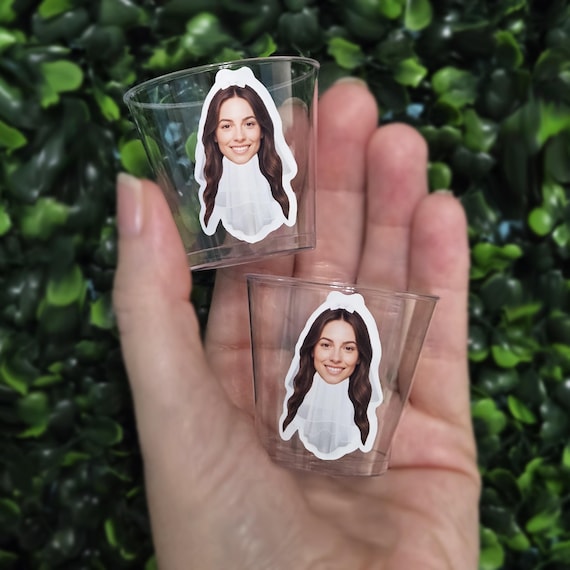 Custom Bride Face Shot Glasses with White Veil and Bow: Bachelorette Party Favors