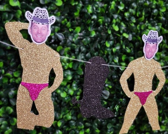 Groom Head Cow Print Cowboy Hat Stripper Banner with Pink Undies, Nashville Bachelorette Party Decorations, Cowgirl Bachelorette Party