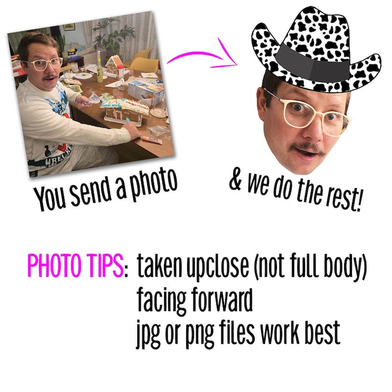 May include: The image shows a man wearing glasses and a cowboy hat with a black and white cow pattern. The text says "You send a photo & we do the rest!" and "PHOTO TIPS: taken upclose (not full body) facing forward jpg or png files work best."