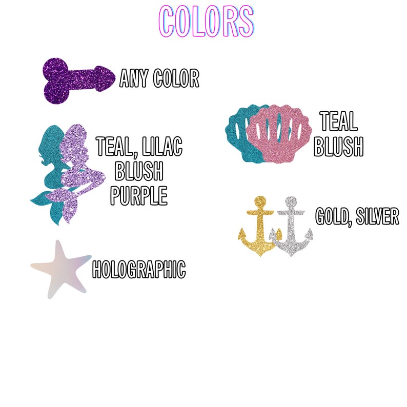 Op de afbeelding: Een grafiek met verschillende glitterkleuren die beschikbaar zijn voor aangepaste bestellingen. De kleuren omvatten teal, lila, blush, paars, goud, zilver en holografisch. De tekst "COLORS" staat bovenaan de grafiek.