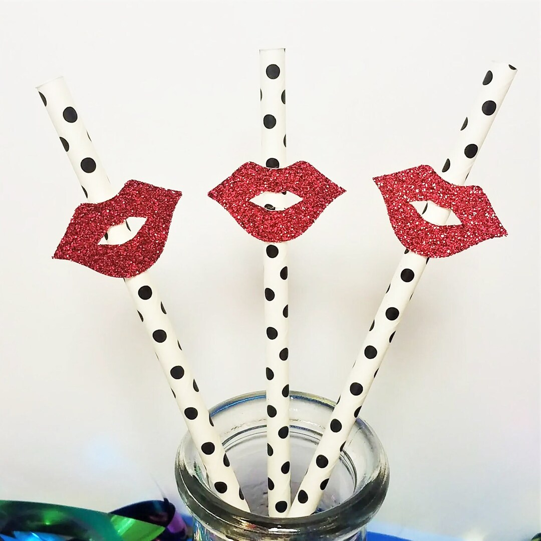 Kiss Lips Glitter Party Straws, Set of 10 Bachelorette Party Straws