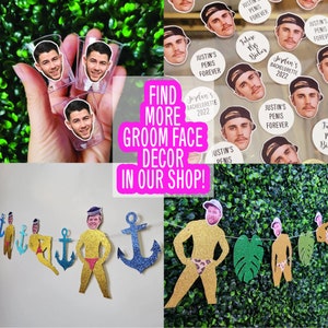K&ouml;nnte beinhalten: Eine Collage von Partydekorationen mit Prominenten-Gesichtern. Enth&auml;lt Schnapsgl&auml;ser, Aufkleber und eine Girlande mit glitzernden Figuren und Ankern. Text lautet "FIND MORE GROOM FACE DECOR IN OUR SHOP!" und "JUSTIN'S PENIS FOREVER".