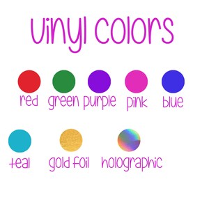 May include: Vinyl colours chart with red, green, purple, pink, blue, teal, gold foil, and holographic options.