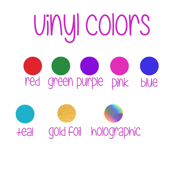 May include: Vinyl colours chart with red, green, purple, pink, blue, teal, gold foil, and holographic options.