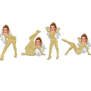 May include: Four glittery gold cutout figures in various poses, each with a woman's face and a white veil. The figures are in different positions, including standing, kneeling, and reclining, all against a white background.