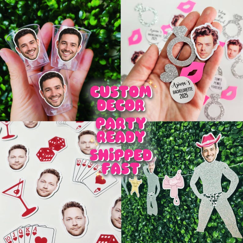May include: Custom party decorations featuring personalized face cutouts on clear shot glasses, glittery silver engagement ring shapes, heart confetti, playing cards, dice, and a glittery silver cutout of a person wearing a pink cowboy hat.