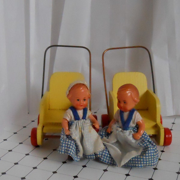 Vintage baby dolls, Twin dolls with prams, Miniature vintage baby dolls, German baby doll, 1950s baby doll, Wooden toy pram, Dressed doll